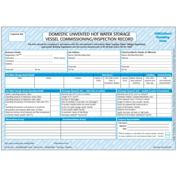 Domestic Unvented Hot Water Storage Vessel Commissioning/Inspection Record CP8